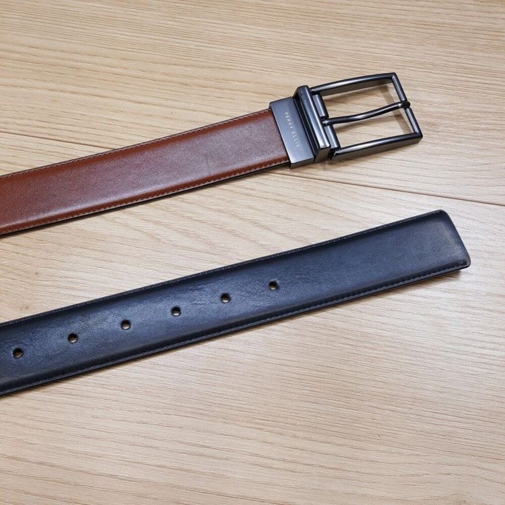 PERRY ELLIS Mens Belt Size 30 32 Brown Black Bonded Leather Reversible